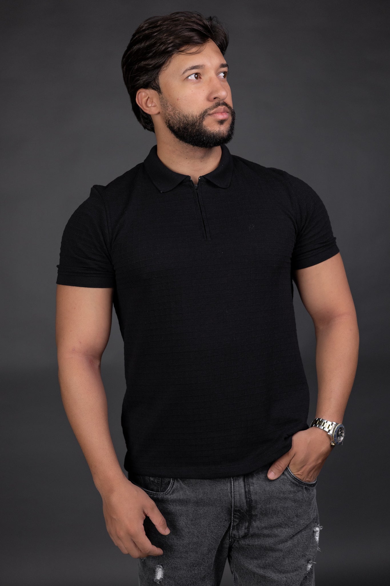 Camisa Polo Text Quadriculada Preta